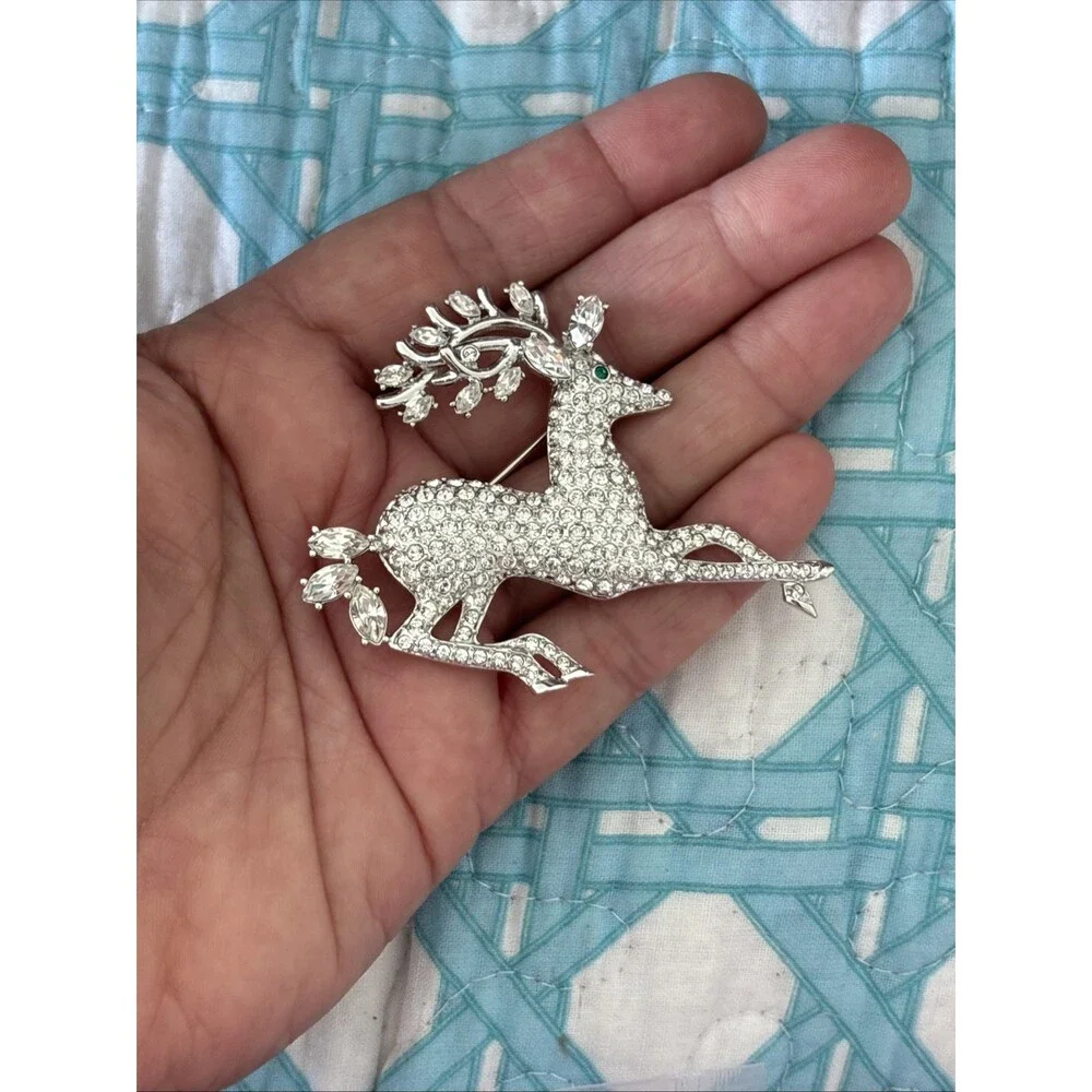 Vintage Nolan Miller Glamour Collection Crystal Pave Reindeer Pin Brooch Silver